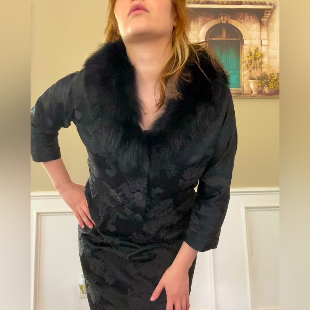 Vintage two piece black floral dress with fur collar